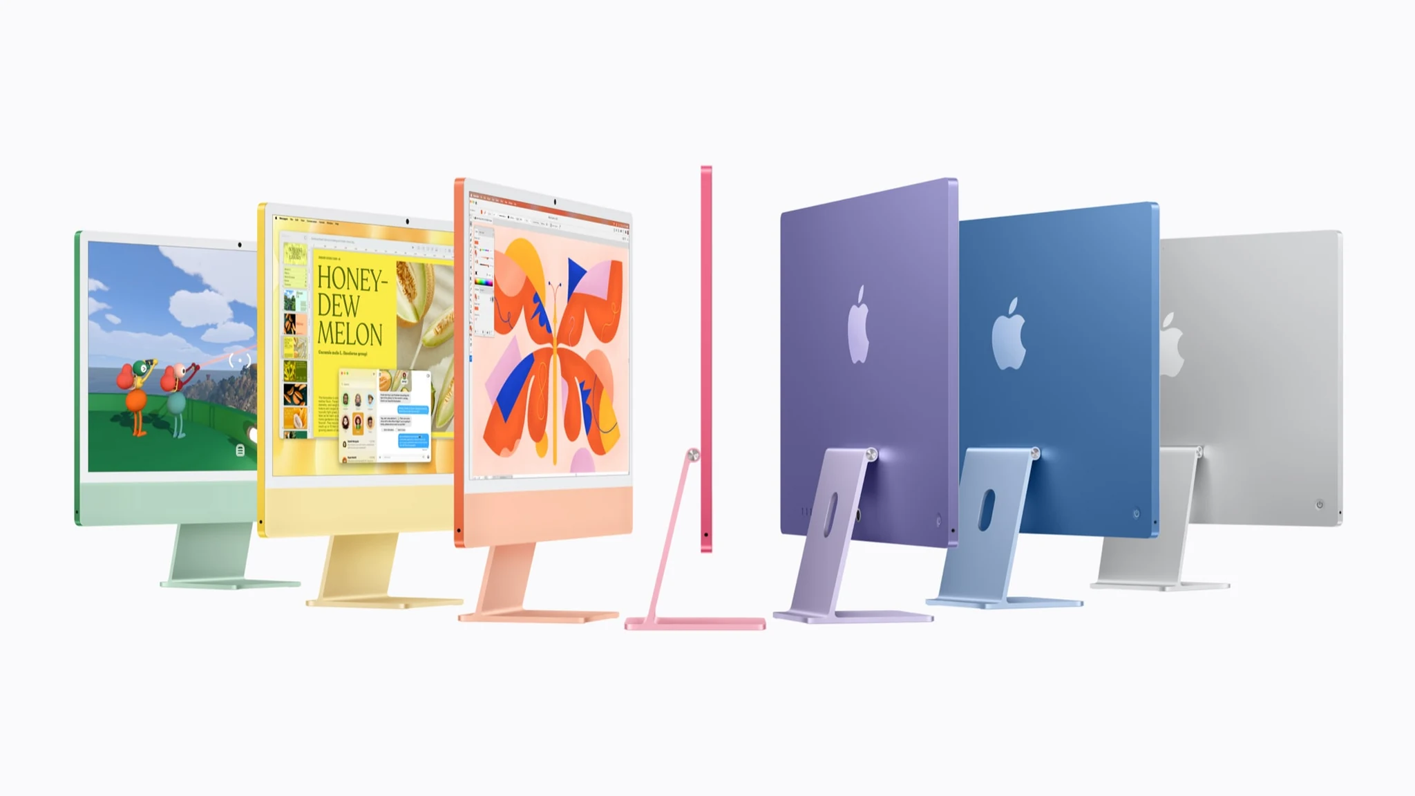 iMac con chip M6 en sus siete colores, de frente y de espaldas, foto oficial de Apple